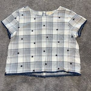 Short Sleeve Plaid T-Shirt w/ Star and Jean Detailing — Cloth and Stone — size L